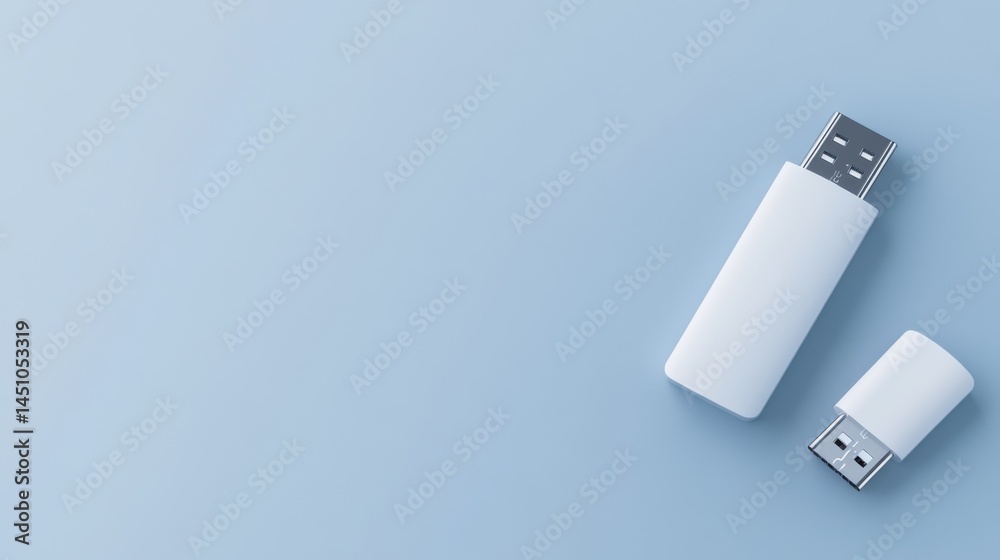 Blank USB Flash Drives on Soft Blue Background for Technology Themes Blank USB Flash Drives on Soft Blue Background for Technology Themes