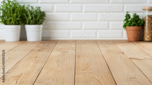 Empty wooden table with herbs in a cozy kitchen