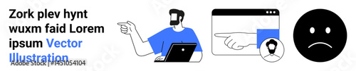 Man using laptop and gesturing. Browser interface with pointing hand, profile icon, and large sad face emoticon. Ideal for communication, emotion, feedback, technology, online usage interaction