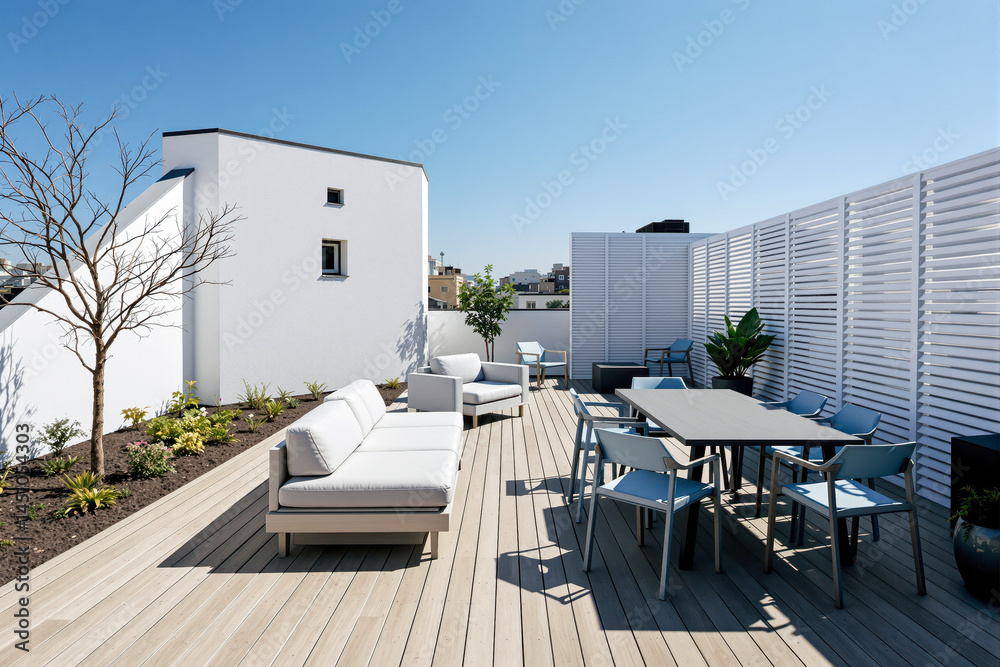 Naklejka premium contemporary rooftop patio with white sofa and blue chairs