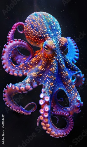 kraken octopus wallpaper underwater animal with full color and plain black background Generate AI