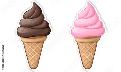Two ice cream cones, one with chocolate and the other pink, in a transparent background PNG sticker format.