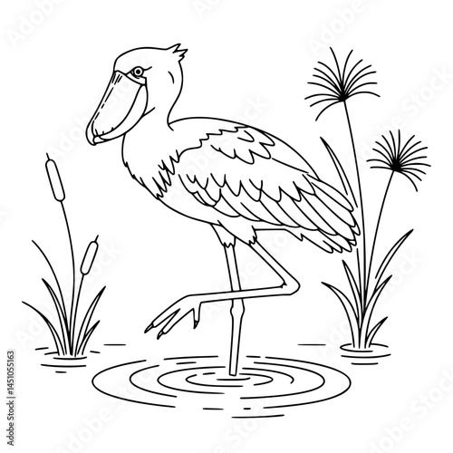 Shoebill standing gracefully in water surrounded by grass Simple Vector Outline in minimalistic black and white design