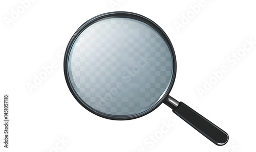  Vector black magnifying glass on a transparent background, top view. Realistic, detailed illustration of an object isolated on a white background