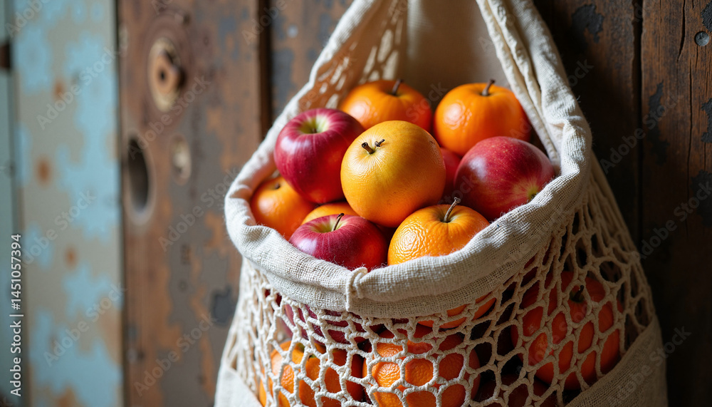 Eco Bag with Fresh Fruits for Earth Day against Rustic Background
