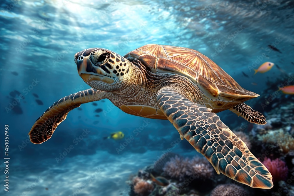 Obraz premium Turtle in nature - slow reptile, shell creature, aquatic wanderer, peaceful mover, ancient species, gentle swimmer, coastal dweller, steady traveler, marine being, quiet observer.