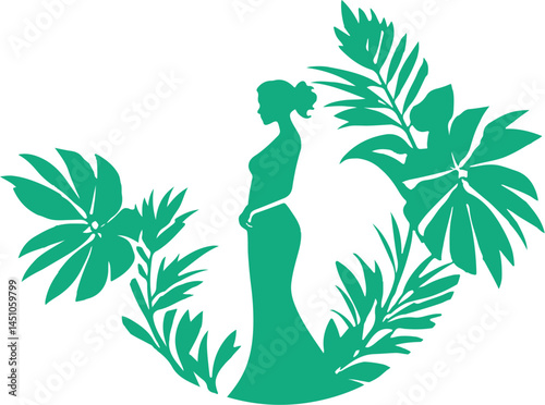 Elegant Woman Silhouette in Tropical Foliage Frame - Green Vector Art