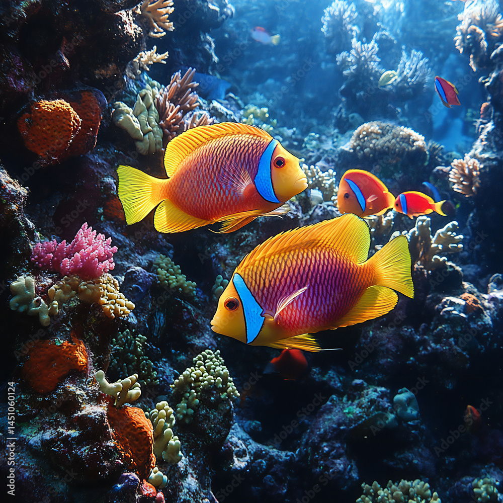 Fototapeta premium Tropical fish swimming through a colorful coral reef
