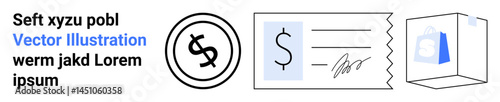 Currency symbol inside a circle, signed receipt with dollar sign, and packaging box concept. Ideal for e-commerce, payments, invoicing, product purchases, retail, business finance abstract line flat