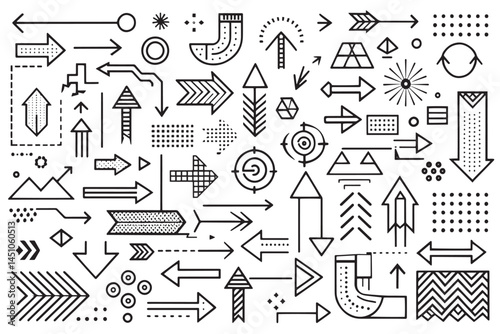 arrow icon set with geometric shapes, including dotted, solid, and dashed lines. Collection of arrows in geometric style, black and white with various designs, icon set