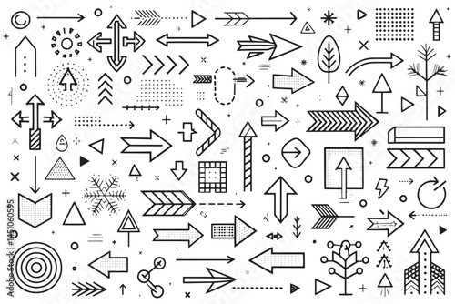 Doodle arrow icon set, black and white arrow collection with various abstract patterns and designs, mix of straight, curved, and dashed directional arrows icon set