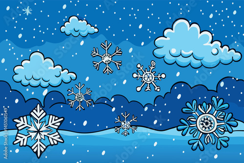 A charming illustration of a snowy winter scene with snowflakes drifting from the sky, surrounded by clouds and the crisp winter air