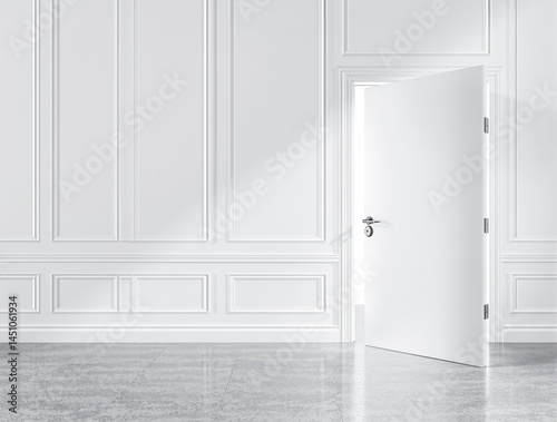partially opened white door in a room with white wainscoting photo