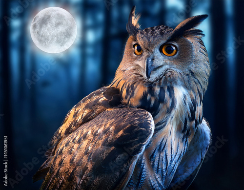striking eagle owl perched on a branch in a moonlit forest with sharp features and glowing eyes