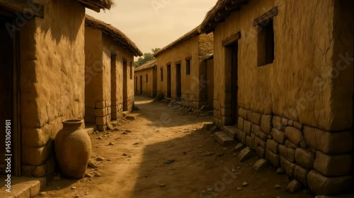 Ancient Iberian street lined with mud-brick houses and clay jars