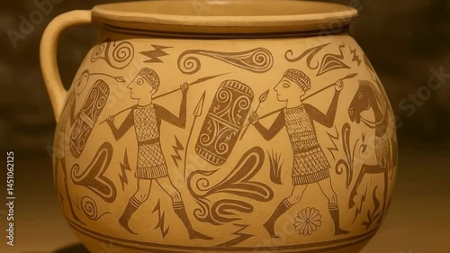 Close-up dolly-in on Iberian ceramic vessel with warrior decorations