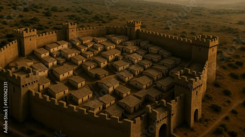 Cinematic aerial rotation over fortified Iberian oppidum at sunrise