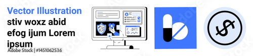 Computer screen showcasing medical analysis, blue medication graphic, and pricing symbol. Ideal for healthcare, telemedicine, data analysis, pharmaceuticals, technology engagement, education simple