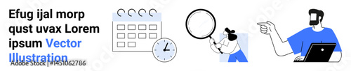 Calendar, clock, person with magnifying glass, man with laptop and pointing gesture. Ideal for organization, scheduling, planning, analytics, teamwork productivity flat landing page banner