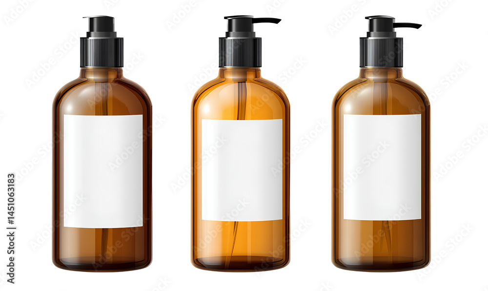 3 clear amber glass bottles of shampoo with white labels, isolated on a transparent background 3 clear amber glass bottles of shampoo with white labels, isolated on a transparent background