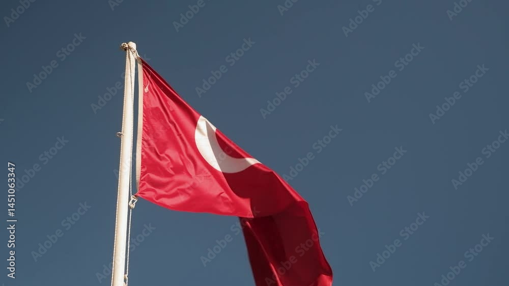 red Turkish flag on Antalya beach flying in wind against blue sky