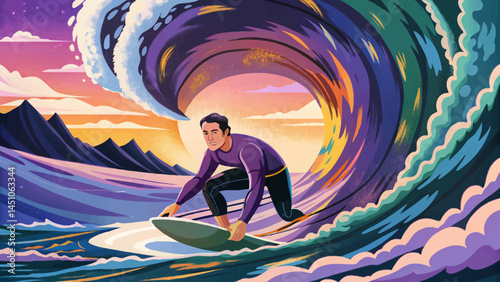 Professional surfer completing ride through powerful tube wave. High-energy ocean sports concept ideal for adventure, travel, and extreme action design themes vector