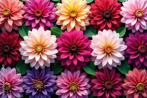 Intricate dahlia blooms, vibrant colors, repeating pattern, bright, purple