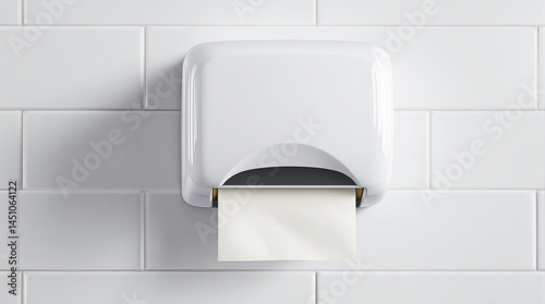 white paper towel dispenser on white tile wall