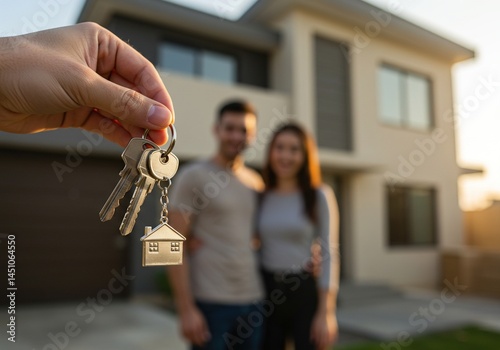 Close-up of hand holding house keys with a small home keychain, blurred happy couple standing in front of their new modern house in the background at sunset
