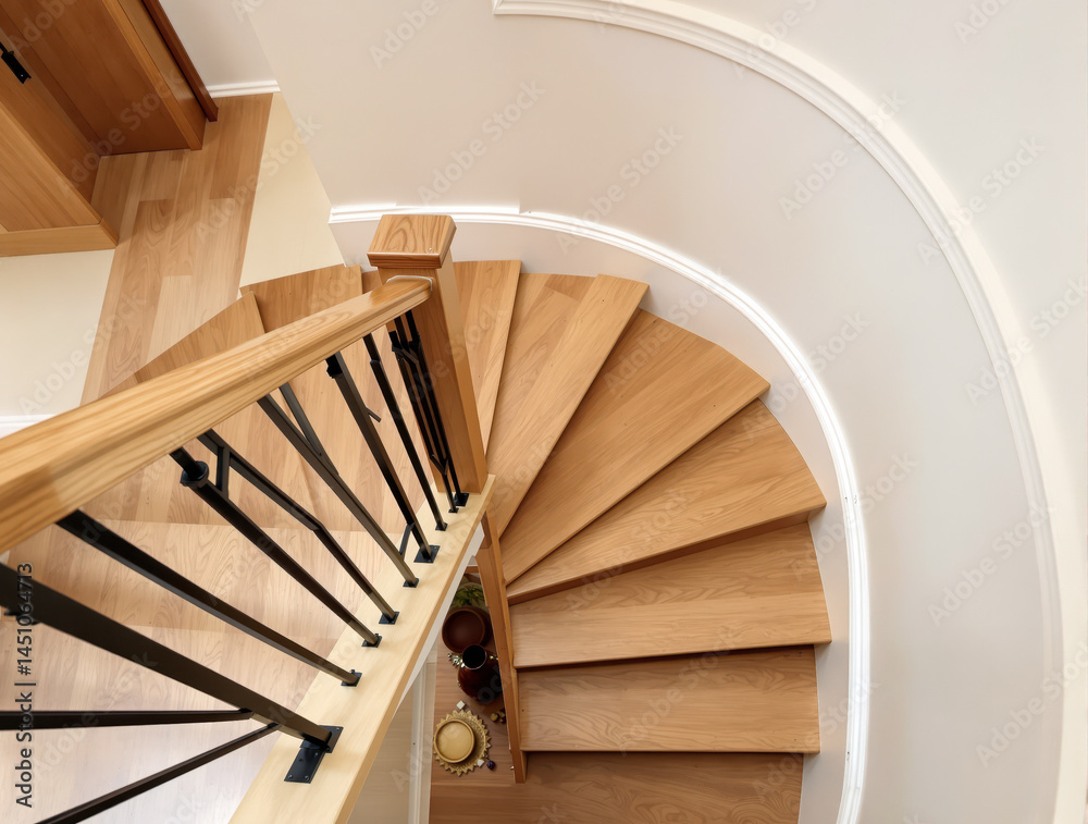 Fototapeta premium modern curved wooden staircase with a sleek black metal railing in a contemporary interior setting