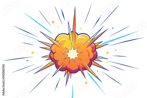 explosive comic style digital illustration of a dynamic explosion with vibrant orange, yellow, and blue colors, radiating energy and motion