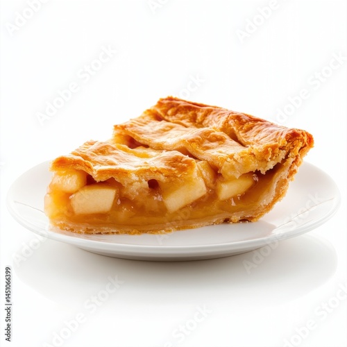 Delicious Slice of Homemade Apple Pie on White Plate Isolated on White