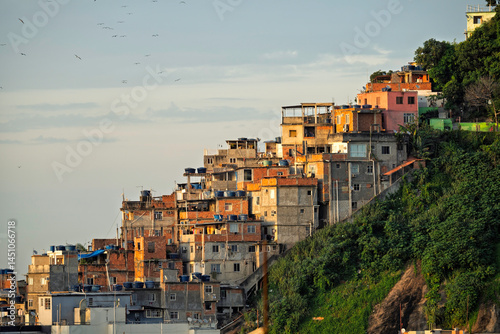 Typical favela buildings on the top of steep hill at sunrise in Rio de Janeiro, Brazil