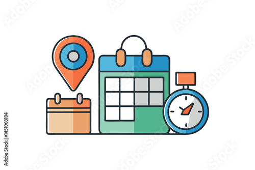 Modern calendar, time, clock, and address icons in vector style for web and app design projects icon set