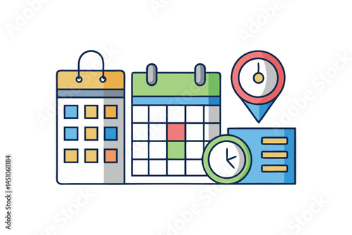 Set of line icons for time, date, calendar, clock, location, and address in black and white with minimal design for digital use icon set