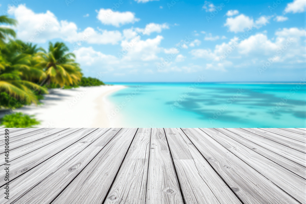 Fototapeta premium white wooden planks overlooking a tranquil tropical beach scene