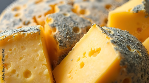 Pieces of native French aged cheese Mimolette, produced in Lille with greyish curst made by special cheese mites close up
