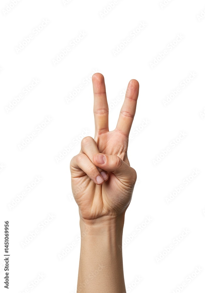 Hand showing V sign or peace gesture, symbol of victory, peace, or number two, isolated on white background
Hand showing V sign or peace gesture, symbol of victory, peace, or number two, isolated on white background