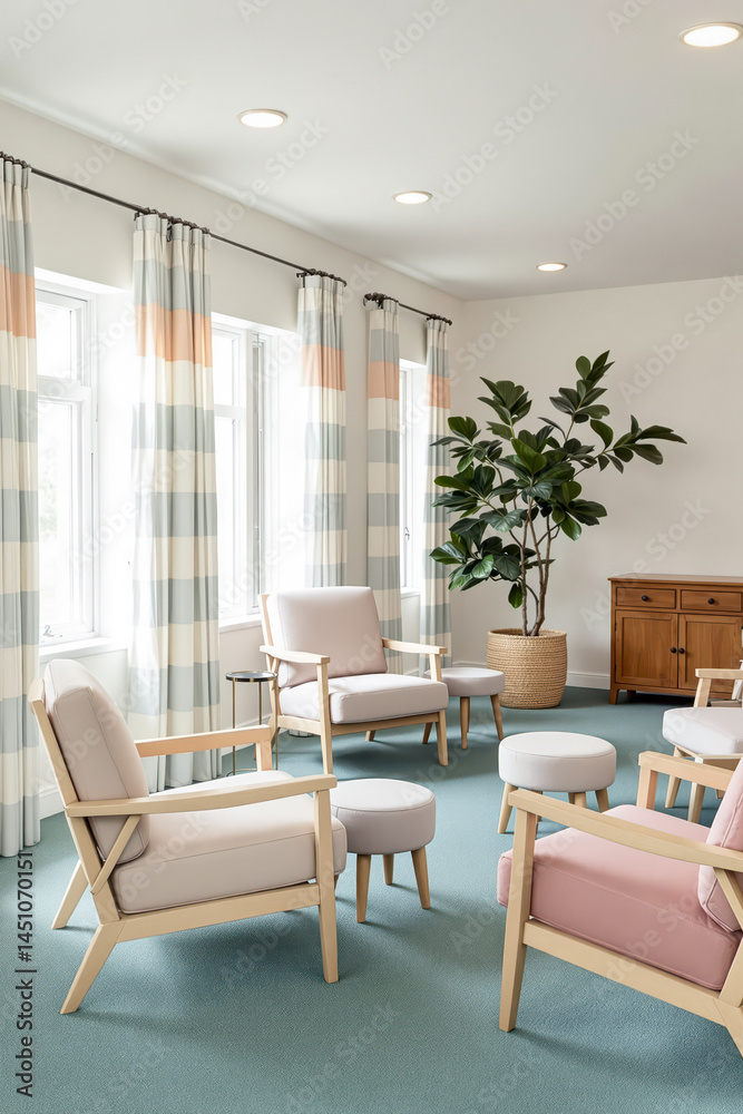 Fototapeta premium pastel-colored armchairs and ottomans arranged in a bright waiting area