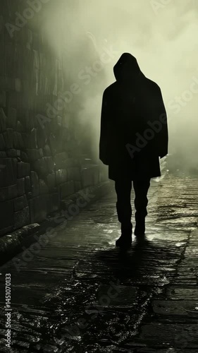 Mysterious Hooded Figure Walking Through Foggy Cobblestone Alley