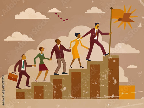 Diverse Group of Five Professionals Ascending a Staircase A Collaborative Success Concept