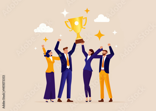 Diverse Group of Four Smiling Professionals Celebrating Success Together