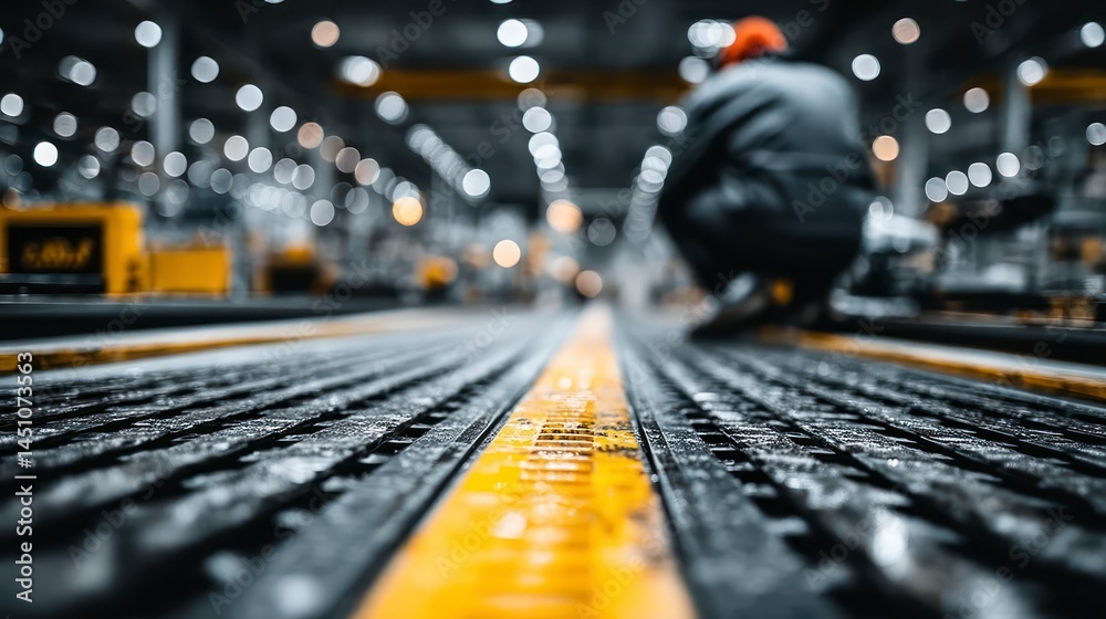 Factory Floor with Safety Markings and Worker in Industrial Environment Factory Floor with Safety Markings and Worker in Industrial Environment