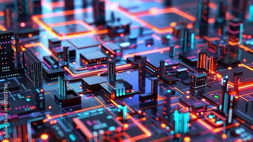 Futuristic City Built on Computer Motherboard with Neon Circuits