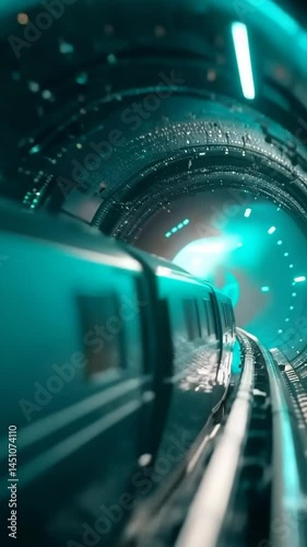 Futuristic High-Speed Train Rushes Through a Glowing Blue Tunnel