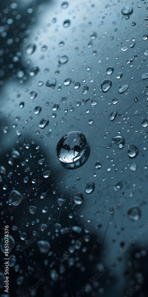 Raindrop Reflections, A Macro World Revealed On A Car Windshield, Showcasing Distorted Images. Tiny Sphere, Amazing Detail. Water Droplets Cling To Glass.