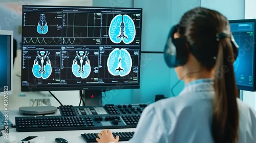 Female Audiologist in Lab Coat Using Headphones at Medical Workstation