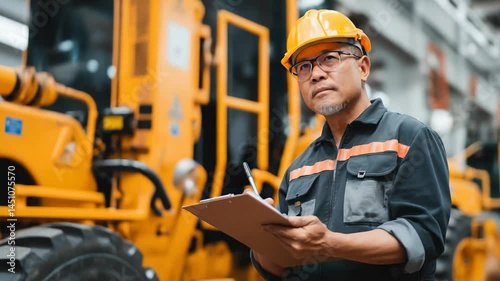 Focused worker inspecting heavy machinery in industrial setting
