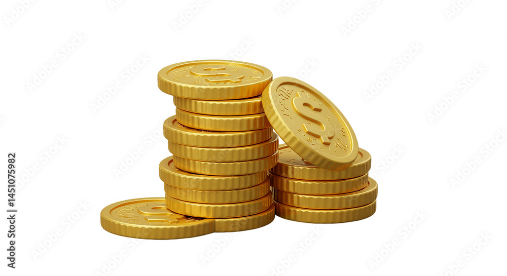 Stacks of golden coins with dollar signs on a black background representing wealth and finance selling, purchasing, agreement, $ Stacks of golden coins with dollar signs on a black background representing wealth and finance selling, purchasing, agreement, $