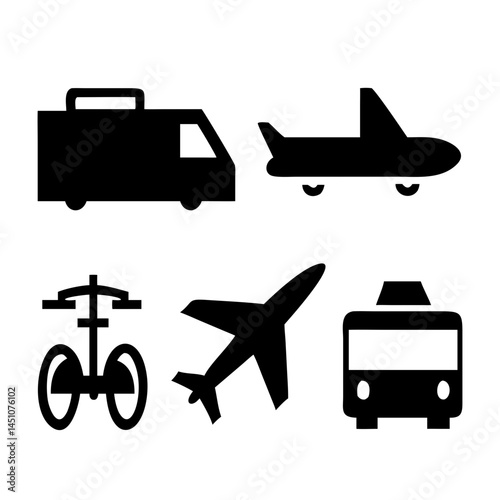 Vector illustration of simple monochromatic vehicle and transport related icons.Transportation and vehicle icons pack. Isolated transportation and vehicle symbols collection. Graphic icons element
